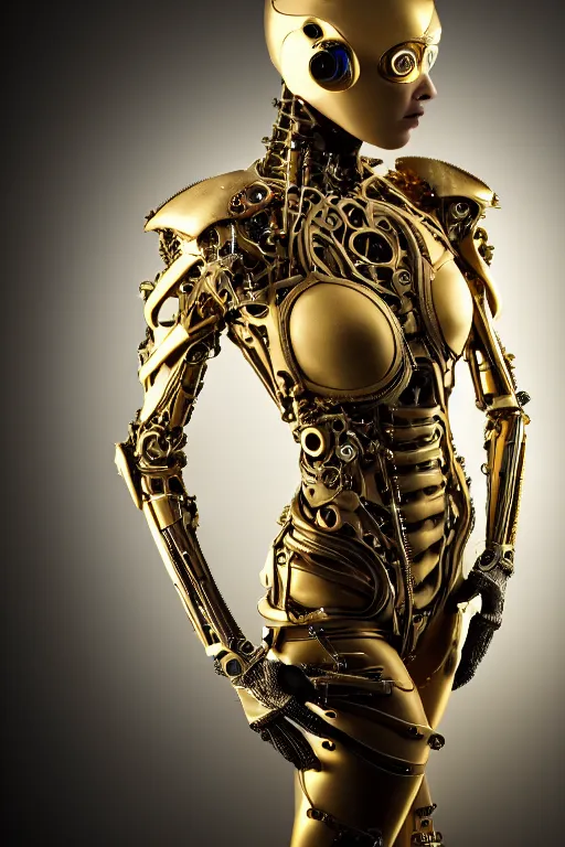 Prompt: beautifull cyberpunk woman model, wearing organic biomechanical armor, thin gold terdrils, luxury materials, symmetrical, cinematic, elegant, professional studio light, real dlsr photography, sharp focus, 4 k, ultra hd, sense of awe, high fashion