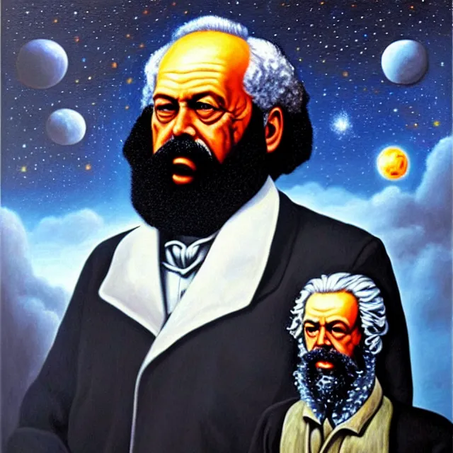 Prompt: an oil on canvas portrait painting of karl marx, surrealism, surrealist, cosmic horror, rob gonsalves, high detail