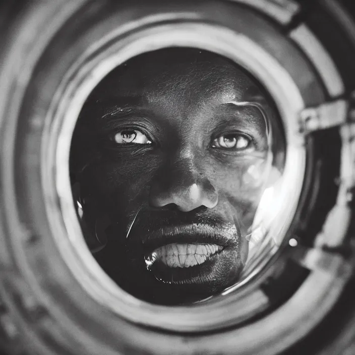 Prompt: analogue portrait photo of an African tribal man in a spaceship looking at planet earth through its porthole window, planet earth in reflection, photo shot by martha cooper, 35mm,