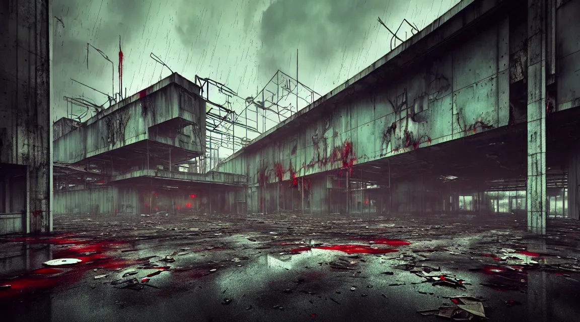 Image similar to post apocalyptic factory building, raining, building, avenue, modern contemporary urban americana concrete architecture, by pascal blanche, neil blevins, apocalyptic color palette, trending on artstation, photorealistic, neon ambiance, ultra detailed, high definition, depth of field, bokeh, rubble, wild vegetation, blood stains, building crumbling