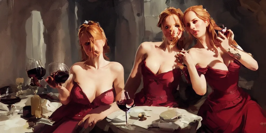 Prompt: portrait of two beautiful gorgeous captivating finnish norwegian swedish glamour models as village maidens drinking red wine wearing 1 7 th century off the shoulder bodice in dark dungeon. jodhpurs greg manchess painting by sargent and leyendecker, studio ghibli, medium shot asymmetrical intricate elegant illustration hearthstone, by greg rutkowski by greg tocchini by craig mullins