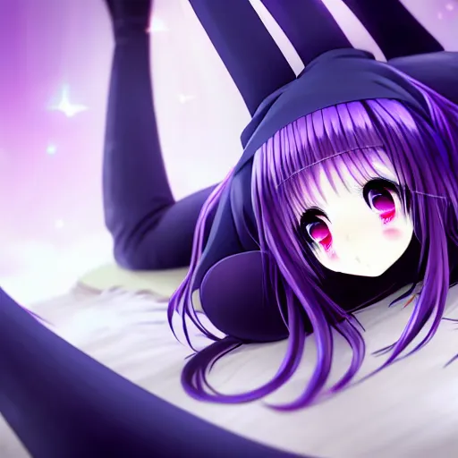 Image similar to A cute young real life 3D anime girl with long blueish violet hair, she is laying on her back, view from her feet, unique camera angle pointing at her face from her feet, wearing a black reaper hood with black pants, a bloody scythe is laying next to her foot, in a dark field, laying on her back, full body, dark and moody lighting, night time