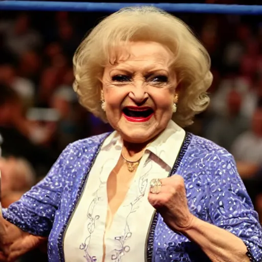 Image similar to betty white as wwe champion standing in a wrestling ring