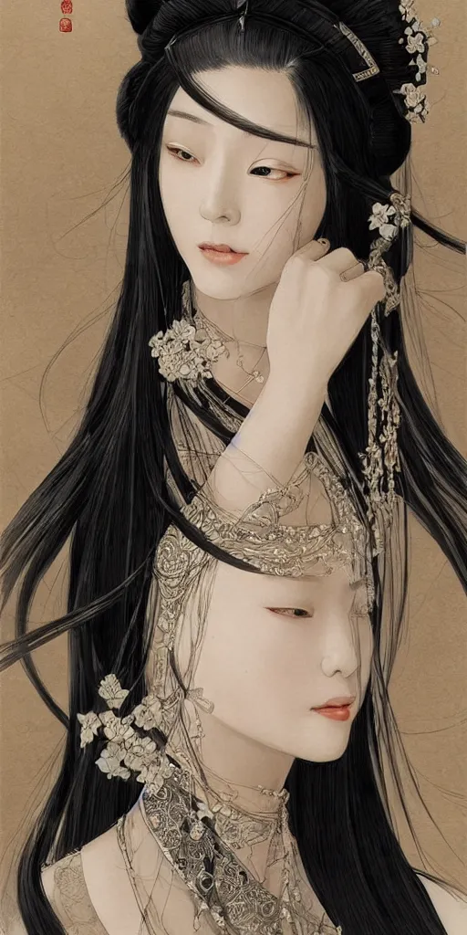 Prompt: ancient chinese princess, elegant, long black hair, highly detailed, ink painting, artstation, concept art, art by wlop