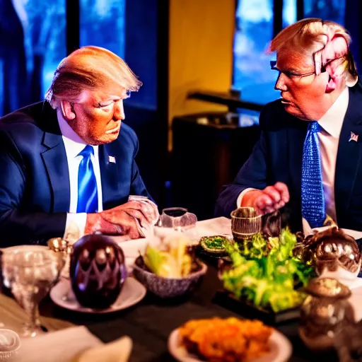 Image similar to Trump and Biden having dinner at a fancy Balinese restaurant, award winning photography, sigma 85mm Lens F/1.4, blurred background, perfect faces