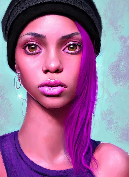 Image similar to portrait of teenage vanessa morgan with bright pink hair, black girl, curly pixie cut hair, wearing a purple breton cap, breton cap, hoop earrings, intricate, elegant, glowing lights, highly detailed, digital painting, artstation, concept art, smooth, sharp focus, illustration, art by wlop, mars ravelo and greg rutkowski