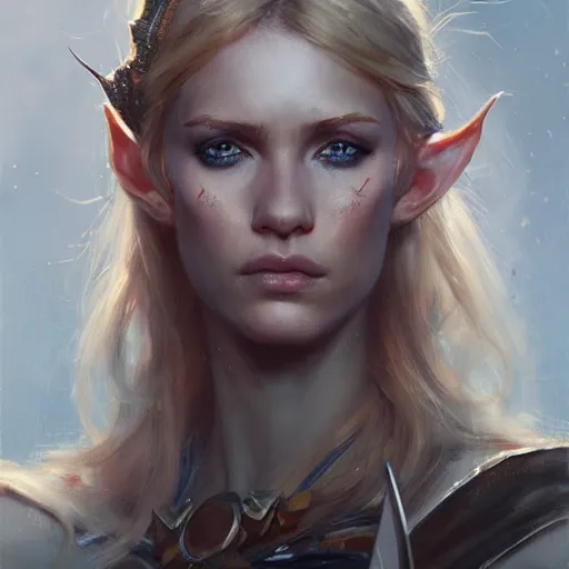 Image similar to A head-on detailed oil portrait of a pretty elf woman with small cuflhcopper horns, long blonde hair and bright irises, by greg rutkowski, trending on artstation, dungeon and dragons art