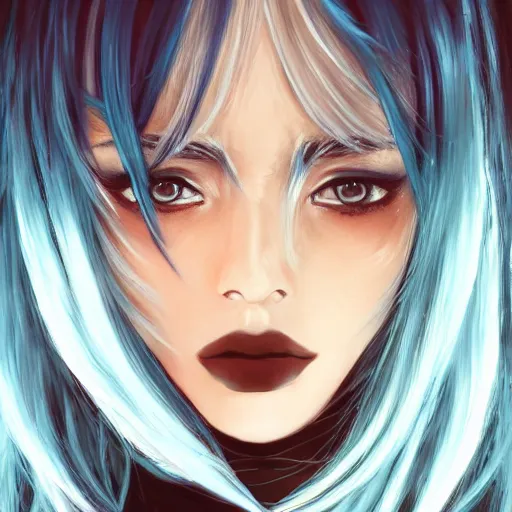 Prompt: full face shot of rimuru tempest, sky blue straight hair, long bangs, with amber eyes, wearing a fancy black jacket, high collar, beautiful, ultra detailed, brush strokes, digital painting, cinematic, wlop artstation, closeup, pixiv, intense, intimidating glare, photorealistic, overpowering, rossdraws, andy warhol,