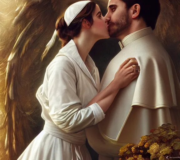 Image similar to photography of a pope kissing emma watson, she has hands - up and hairy armpits, deep focus, intricate, elegant, highly detailed, digital painting, artstation, concept art, matte, sharp focus, illustration, art by artgerm and greg rutkowski and alphonse mucha and gil elvgren