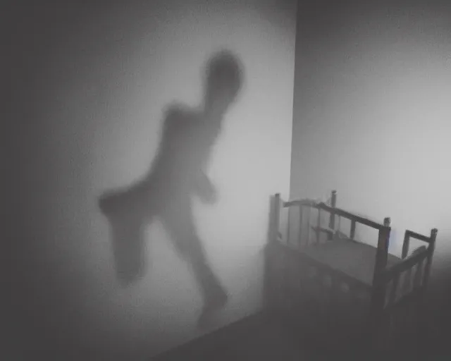 Image similar to horror demon evil transparent spirit attacks in baby - room interior photo shot on iphone, dynamic pose, close body shot, sharp focus, grainy, corpse, paranormal, long exposure, flashlight, night, total darkness, poltergeist, aberrations,