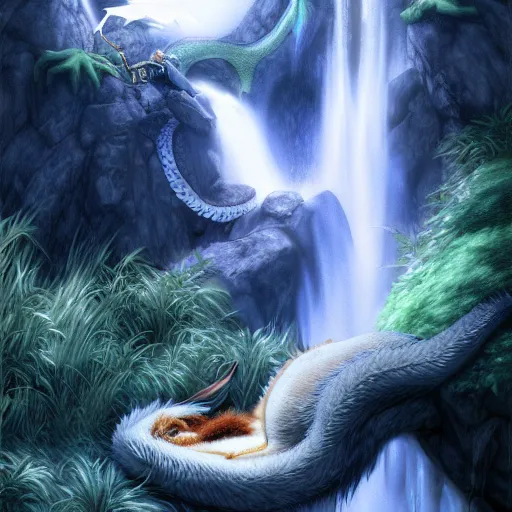 Image similar to furry art, female dragon sleeping by a waterfall, commission, color page, tankoban, 4 k, tone mapping, jaime jones, alan lee