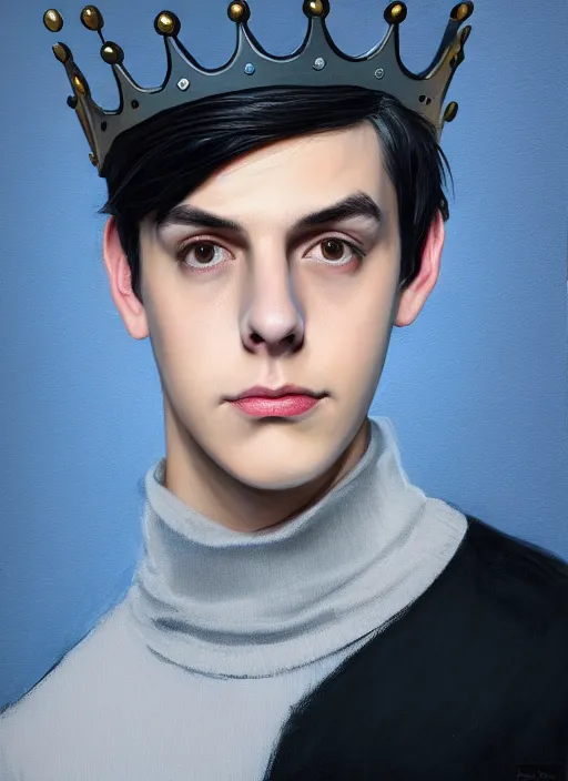 Image similar to portrait of teenage jughead jones wearing a light grey crown, crown, blue turtleneck, closed eyes, photorealistic, black hair, glowing lighting, intricate, elegant, glowing lights, highly detailed, digital painting, artstation, concept art, smooth, sharp focus, illustration, art by wlop, mars ravelo and greg rutkowski