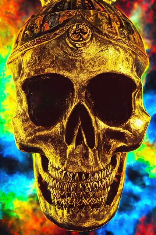 Image similar to 35 mm lens photo of chthonic skull lsd colors wearing a golden roman helmet with sharp teeth and rgb background smoke, direct sunlight, glowing, vivid, detailed painting, Houdini algorhitmic pattern, by Ross Tran, WLOP, artgerm and James Jean, masterpiece, award winning painting