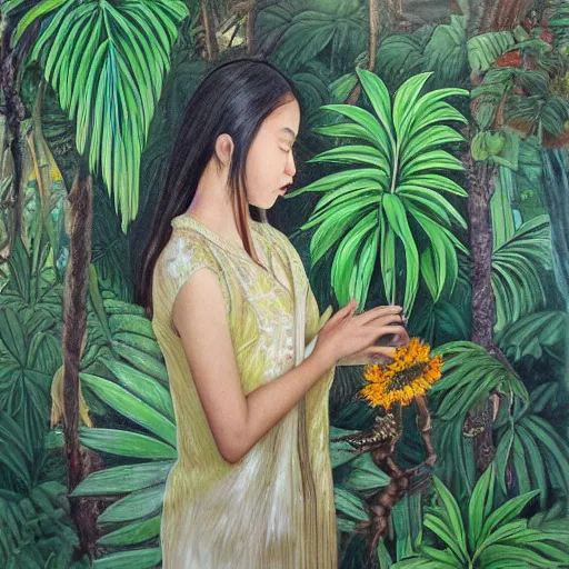 Image similar to a girl in a jungle smelling flowers, her hair flowing down, subtle, intricate details, real masterpiece, oil on canvas, by somsak anong