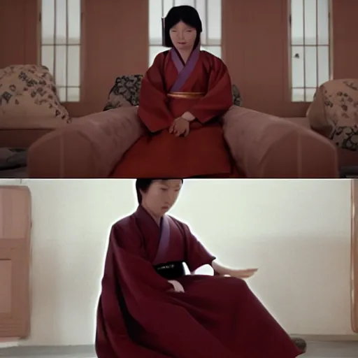 Prompt: woman in hanbok sitting on a couch, starfish monster's shadow is seen behind her, korean interior, cinematography by denis villeneuve and akira kurosawa and ishiro honda