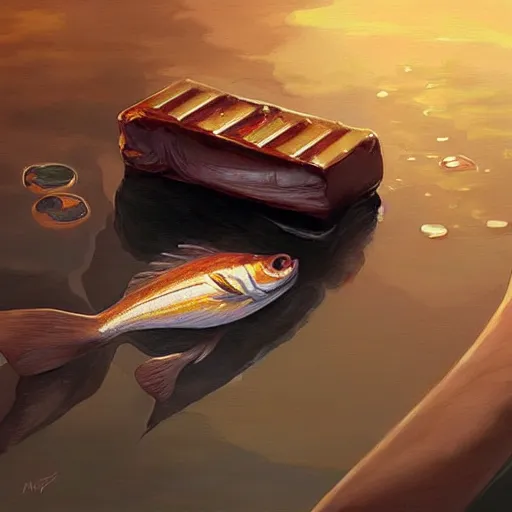 Image similar to a fish laying on top of a chocolate bar. soft, atmospheric, warm lighting. highly detailed digital painting by mandy jurgens.