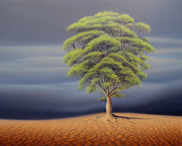 Image similar to a painting of a tree in the desert, an airbrush painting by breyten breytenbach, detailed sand pattern, cgsociety, neo - primitivism, airbrush art, dystopian art, apocalypse landscape