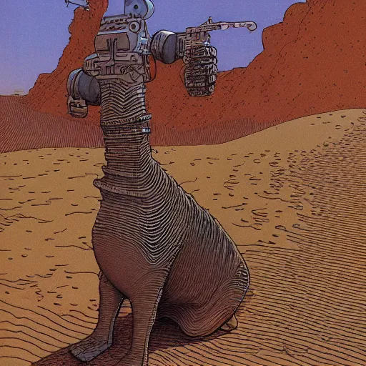 Prompt: Futuristic desert hound by Jean Giraud Mœbius
