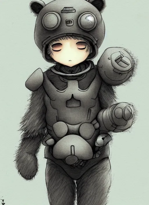 Image similar to beautiful little boy wearing an cyborg bear suit, artwork in kentaro miura and made in abyss and rosdraws, smooth, beautiful lightness, anatomically correct, trending on pixiv, forest