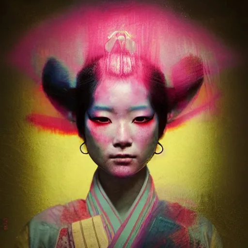 Prompt: a futuristic female geisha warrior in komono by cy Twombly and BASTIEN LECOUFFE DEHARME, pink and yellow, iridescent, volumetric lighting