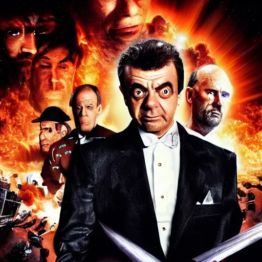 Image similar to armageddon by michael bay movie poster with all characters faces swapped with rowan atkinson, high detail, realistic, 4 k