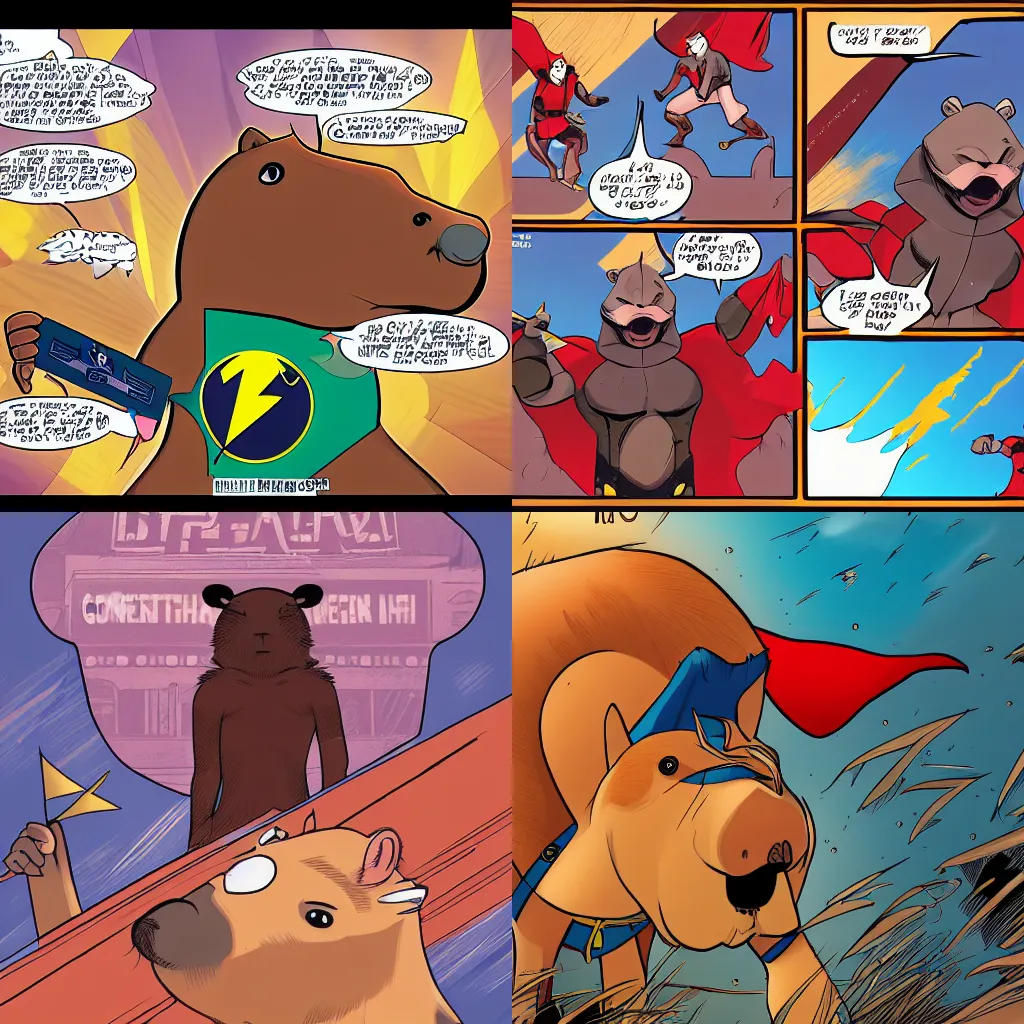 Prompt: comic art of a capybara superhero, 4 k, 8 k, award winning