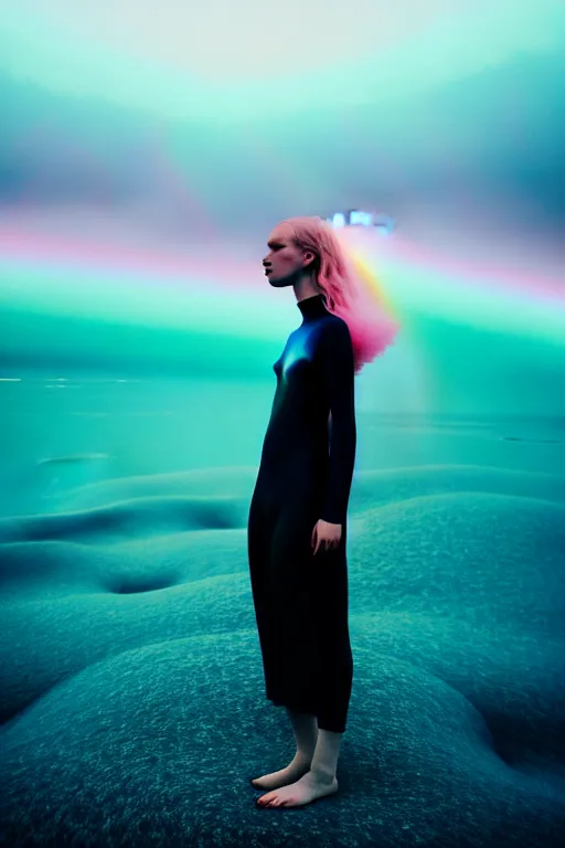 Image similar to high quality pastel coloured film close up wide angle photograph of a model wearing clothing swimming on cloud furniture in a icelandic black rock!! environment in a partially haze filled dreamstate world. three point light, rainbow. photographic production. art directed. pastel colours. volumetric clouds. pastel gradient overlay. waves glitch artefacts. extreme facial clarity. 8 k. filmic.