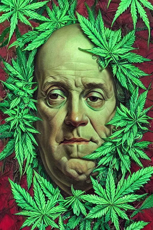 Prompt: hyper realistic portrait painting of benjamin franklin ( intricate detail, hot neon green ornaments, marijuana leaves ) wet, marijuana buds, by saturno butto, boris vallejo, austin osman spare and david kassan, by bussiere. occult art, occult diagram, red and green color scheme.