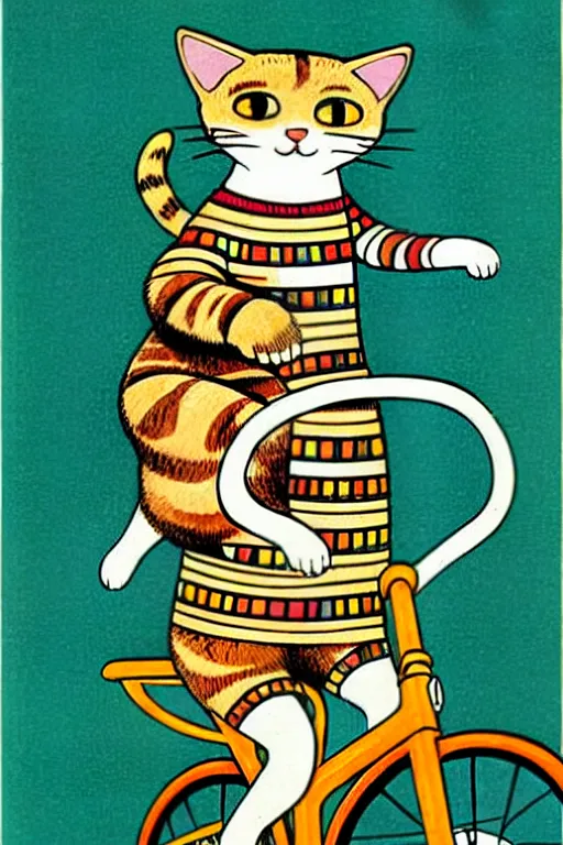 Prompt: a 1 9 5 0 s retro illustration by richard scarry and gustav klimt. a cat riding a bike.. muted colors, detailed