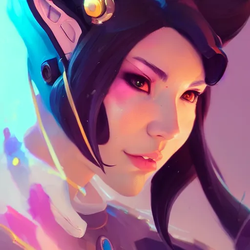 Image similar to a beautiful portrait of a beautiful dva, overwatch concept art by pete mohrbacher and guweiz and ilya kuvshinov, digital art, highly detailed, intricate, sharp focus, trending on artstation hq, deviantart, unreal engine 5, 4 k uhd image