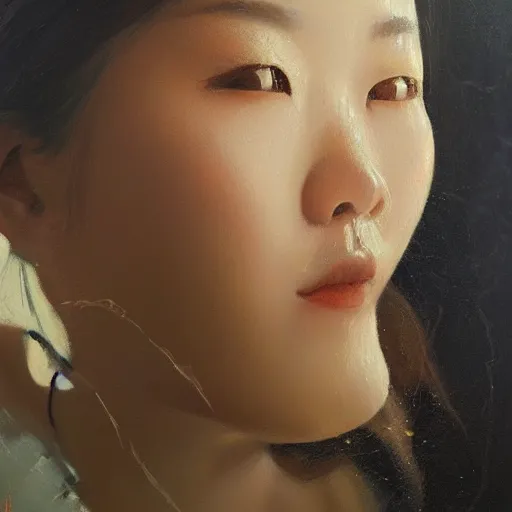 Image similar to beautiful highly detailed and expressive oil painting of a korean woman's face dissolving into petals, masterpiece, dynamic lighting, atmospheric