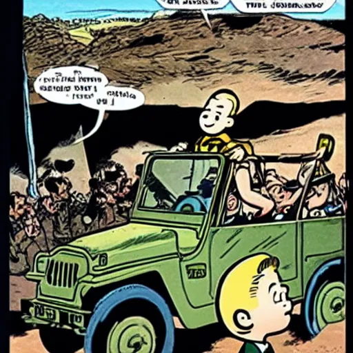 Prompt: tintin driving an army jeep. comic book