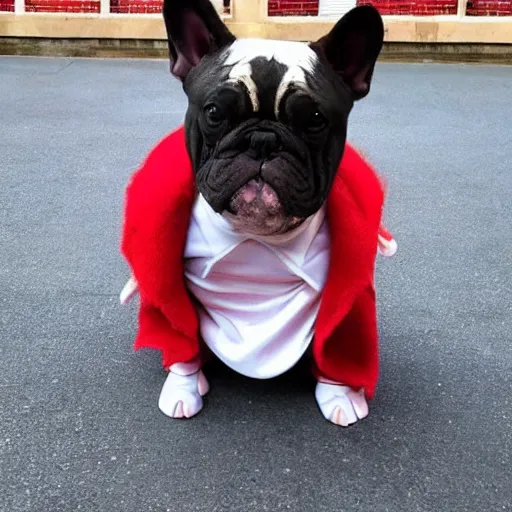 Prompt: a french bull dog dressed as eleven from stranger things