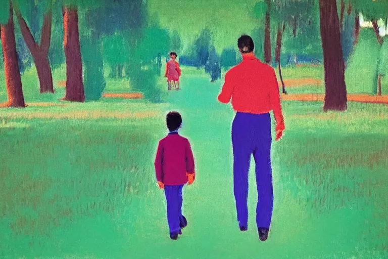 Image similar to a very tall man named John with dark hair holding the hands of a short young boy named Alex with dark hair as they walk in a park on a bright beautiful colorful day. part in the style of an edgar degas painting. part in the style of david hockney