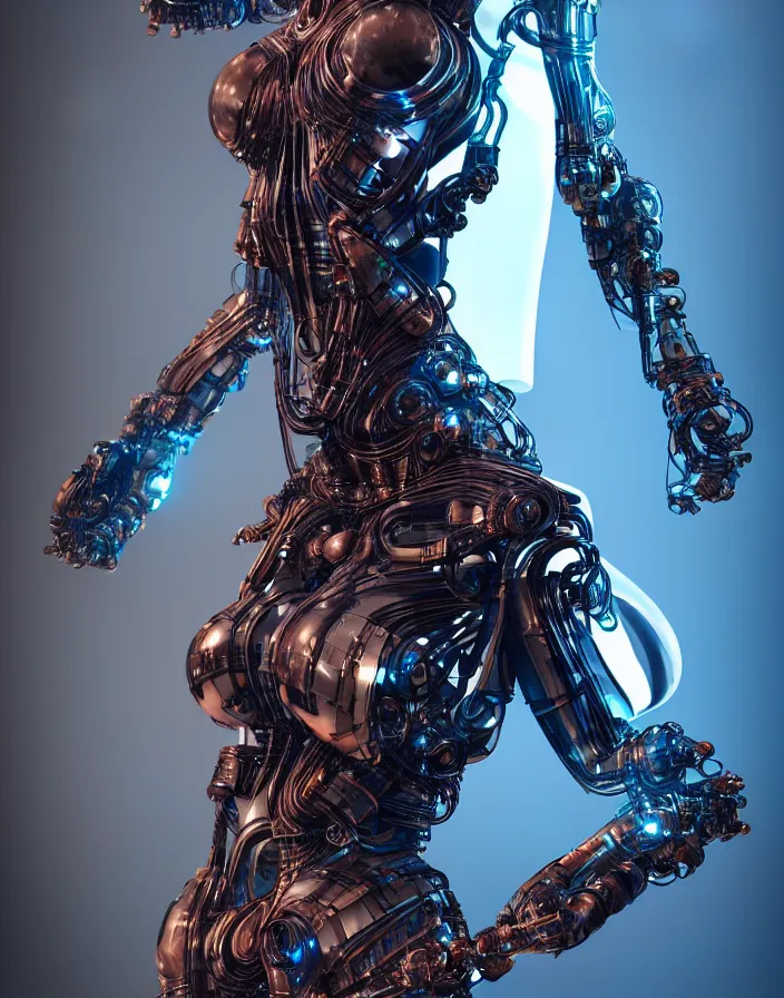 Image similar to full lenght shot, super hero pose, woman in biomechanical dress, inflateble shapes, wearing epic bionic cyborg implants, masterpiece, intricate, biopunk futuristic wardrobe, highly detailed, artstation, concept art, background galaxy, cyberpunk, octane render