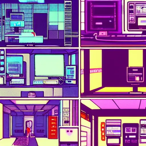 Prompt: a room full of computer screens and wires, serial experiments lain, sprite, vaporwave nostalgia, directed by beat takeshi, visual novel cg, 8 0 s anime vibe, kimagure orange road, maison ikkoku, sketch by akira toriyama