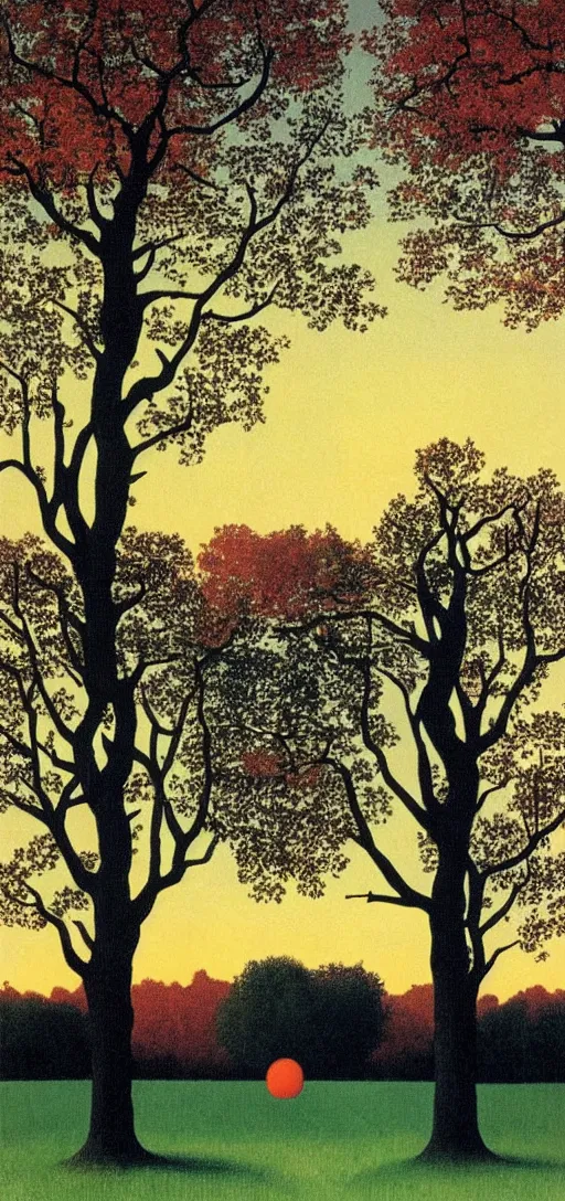 Image similar to Sunset on an autumn day in the park by Rene Magritte