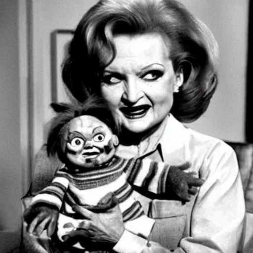 Image similar to betty white holding chucky the killer doll