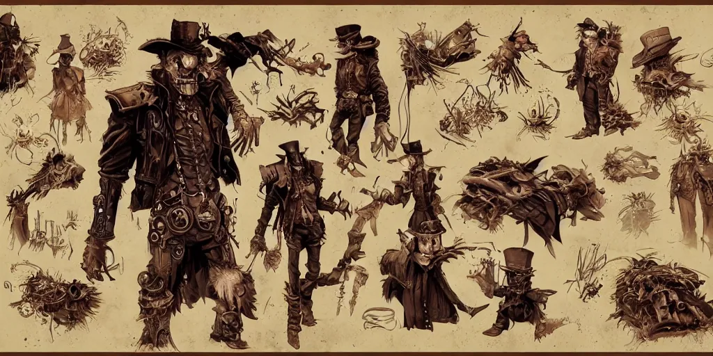 Image similar to steampunk the scarecrow, character sheet, concept design, contrast, kim jung gi, greg rutkowski, zabrocki, karlkka, jayison devadas, trending on artstation, 8 k, ultra wide angle, pincushion lens effect