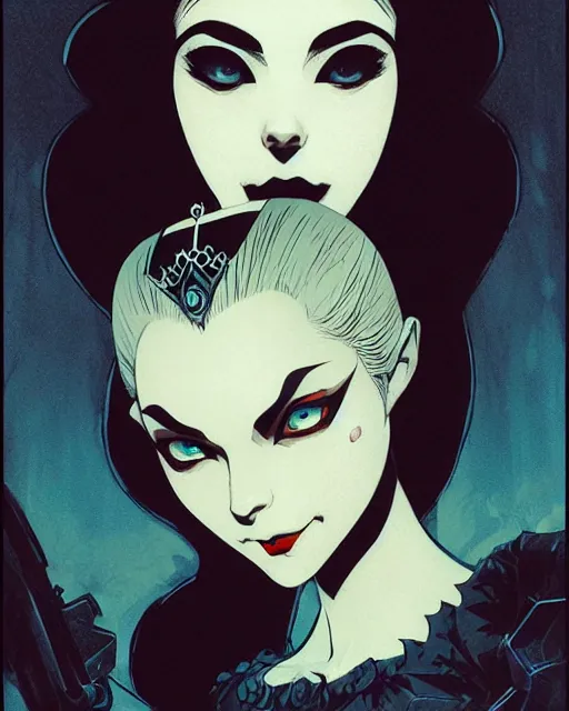 Image similar to beautiful vampire princess with tiara, symmetrical face, evil, portrait, cinematic, dramatic, powerful, super detailed and intricate, by koson ohara, by darwyn cooke, by greg rutkowski, by satoshi kon