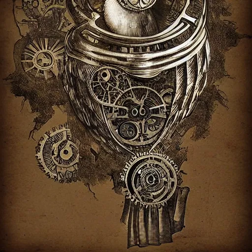 Prompt: steampunk mechanical owl, leonardo da vinci drawing