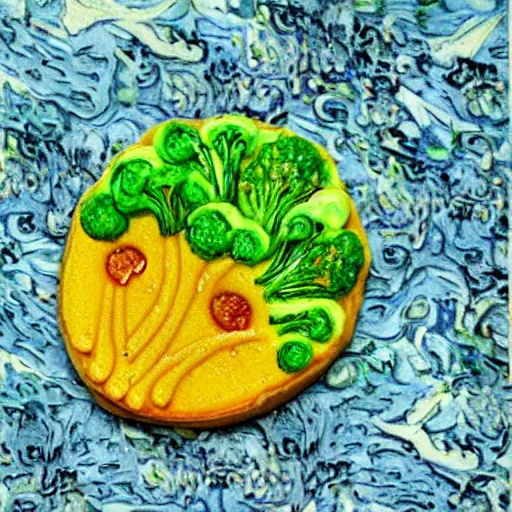 Image similar to spicy marmelade on a broccoli cookie, art by van gogh