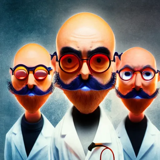 Image similar to a man with 3 eyes, man with a 3rd eye in the middle of his forehead, an awkwardly tall mad scientist with a 3rd eye a tangled orange beard balding head and unruly red hair wearing a labcoat, high resolution film still, movie by Robert Zemeckis and Ivan Reitman, 3rd eye in the middle of his forehead