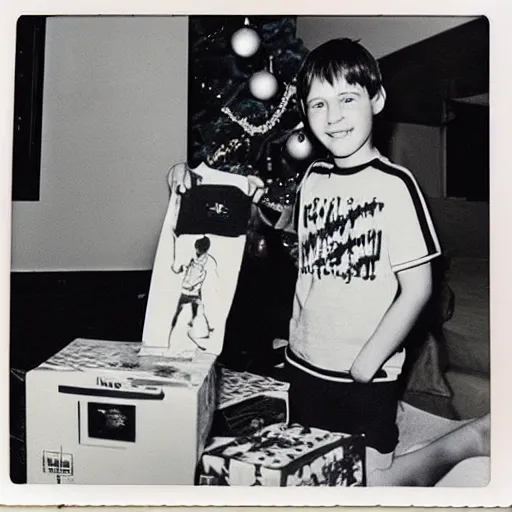 Prompt: Kid unwrapping a Playstation 4 on Christmas, 1980's Polaroid photograph