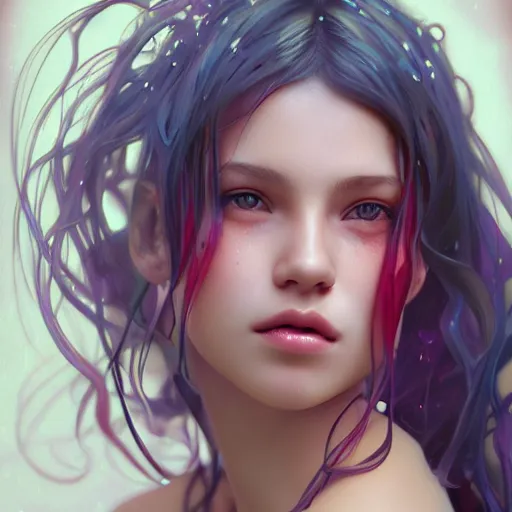 Prompt: A Stunning portrait of sexy teen girl in a wet t-shirt, art by Artgerm and Ross Tran and Alphonse mucha, vivid color palette, digital painting, 3D, octane render, highly detailed, particles, light effect, volumetric lighting, digital painting, artstation, concept art, smooth, sharp focus