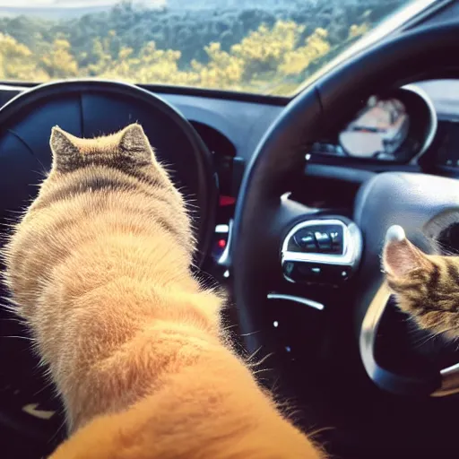 Image similar to cat sitting in driver seat of a cabriolet, paws touching steering wheel, golden hour, top view