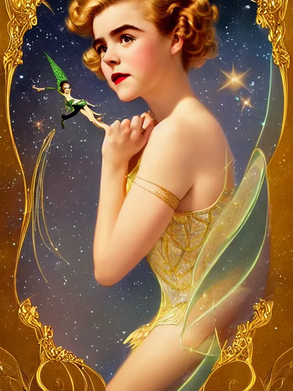 Image similar to kiernan shipka as tinkerbell, a beautiful art nouveau portrait by Gil elvgren, moonlit starry sky environment, centered composition, defined features, golden ratio, gold jewlery, photorealistic professionals lighting, cinematic, sheer