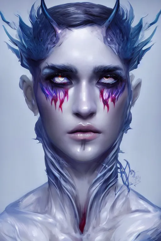 Prompt: djinn man demon, fashion photography, full body character concept art, costume design, illustration, symmetrical face and body, single face, cinematic color grading, editorial photo, fashion, hyperrealism, trending on artstation, Charlie Bowater, WLOP