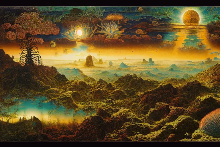 Prompt: landscape by ernst haeckel, david a. hardy, oyama kojima, phil koch, annie leibovitz, benoit mandelbrot, dan mumford, bruce pennington, mimmo rotella