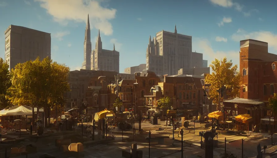 Image similar to midwest town, square, church, sunny day, volumetric light, hyperdetailed, artstation, cgsociety, 8 k